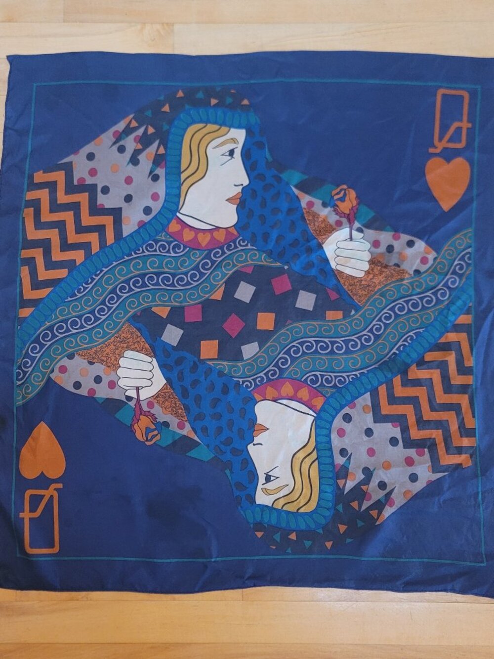 Vintage Perry Ellis Queen of Hearts Silk Scarf Art Deco Blue 31 x 31"